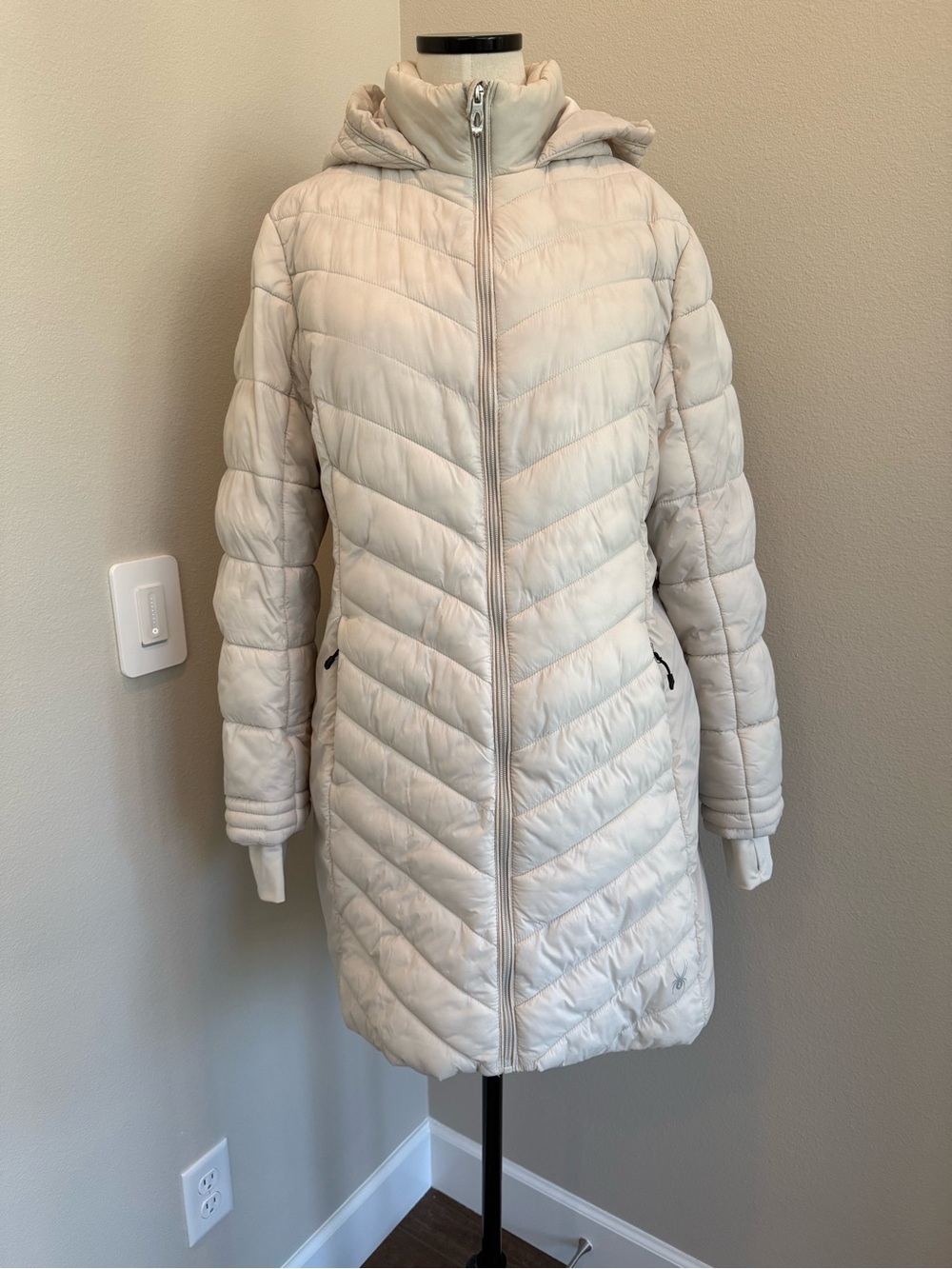 Spyder Women's Light Cream Long Quilted Puffer Coat with Hood